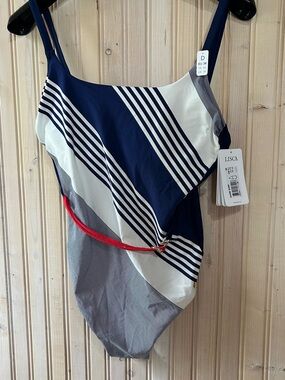Navy & White Striped One-Piece Swimsuit  Red Accent Belt. Athletic & Fun! 38D